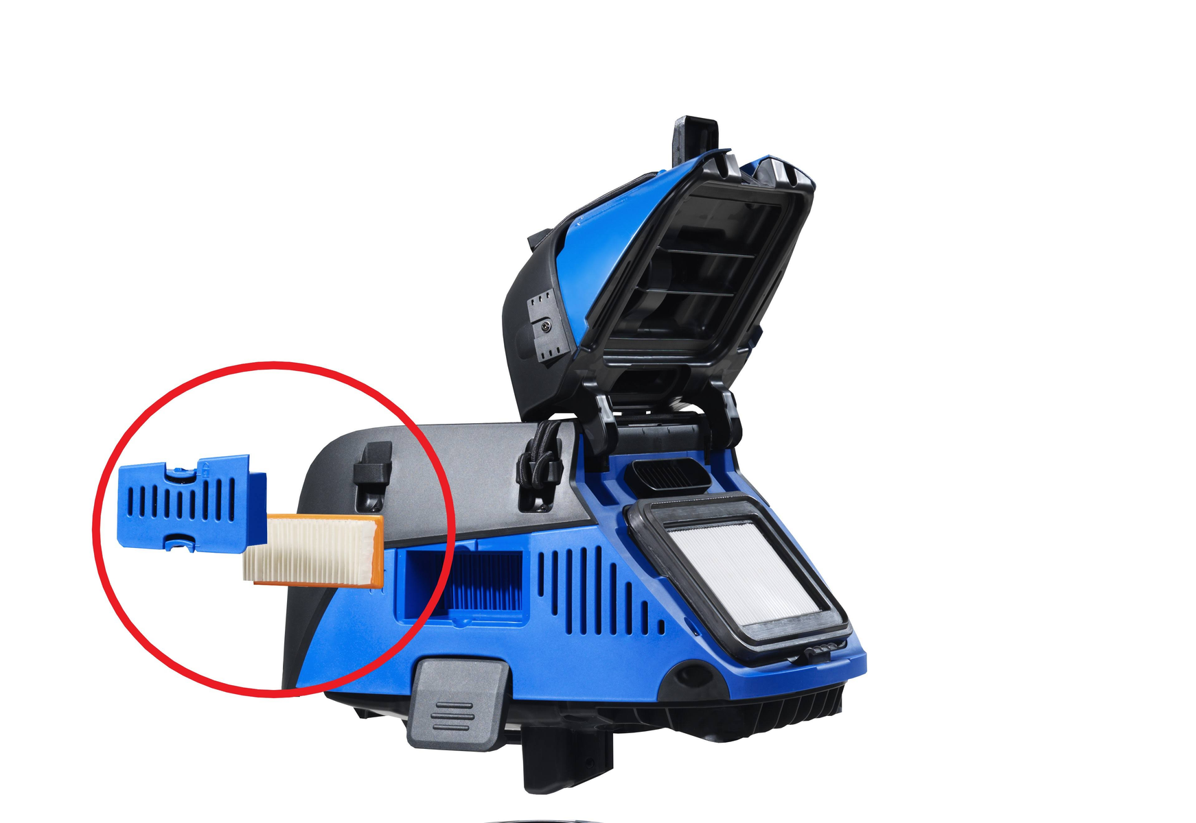 Ein blauer Filter und Filterzubehör werden im Inneren eines Staubsaugers hervorgehoben.