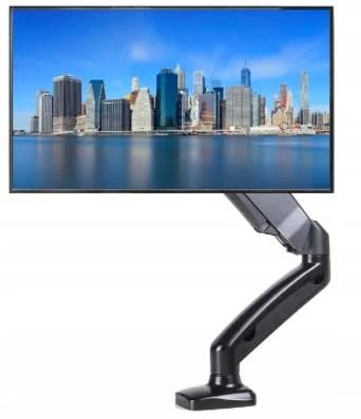Ein Fernseher an einem schwarzen Arm, der eine Stadtlandschaft vor blauem Himmel zeigt.