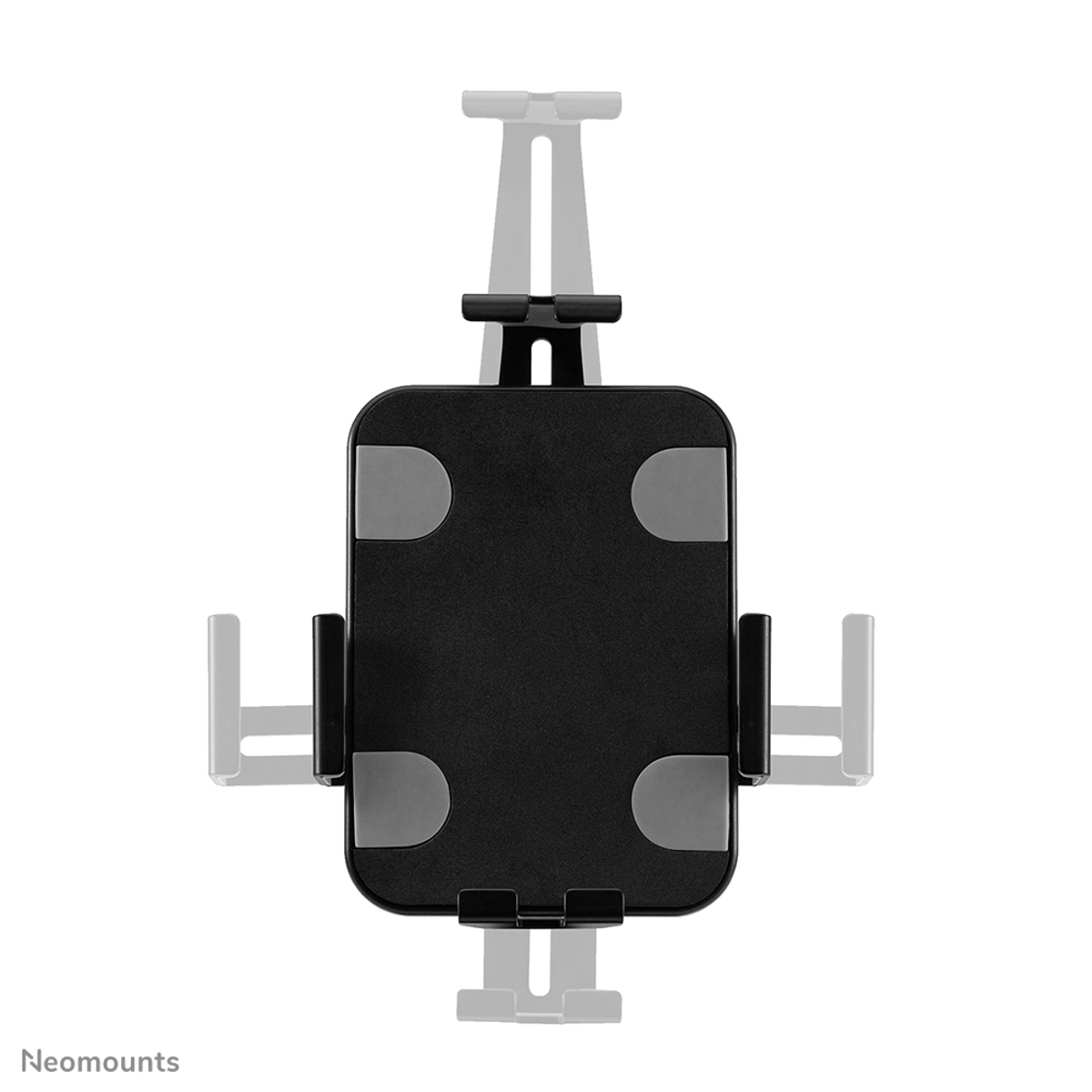 Supporto per tablet con bracci regolabili. Corpo principale nero con cuscinetti e supporti grigi.