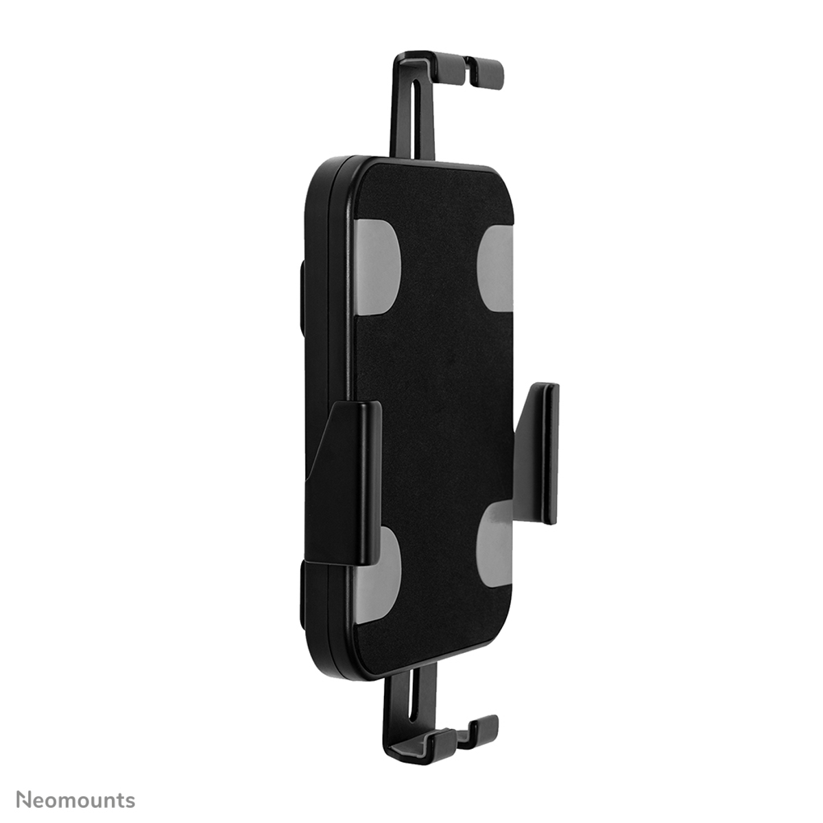 Supporto per telefono nero con due clip sul davanti. Ha un design quadrato.
