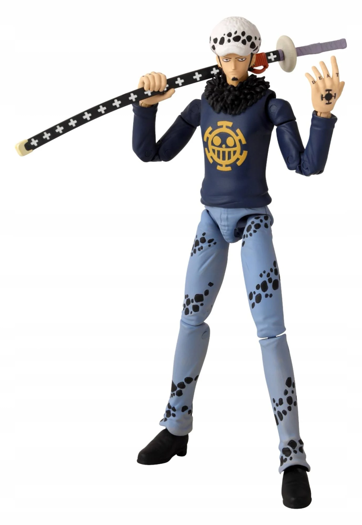 Figura de acción de un personaje con una espada. La figura tiene pantalones azules y un suéter azul oscuro.