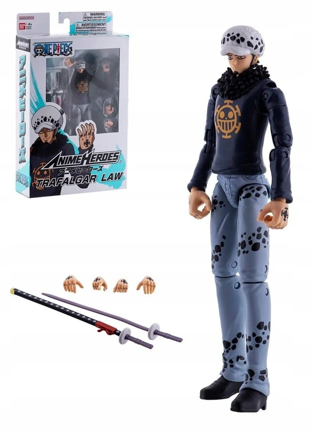 Figura de acción de Trafalgar Law con accesorios, empaquetada. La figura es negra, con sombrero negro.