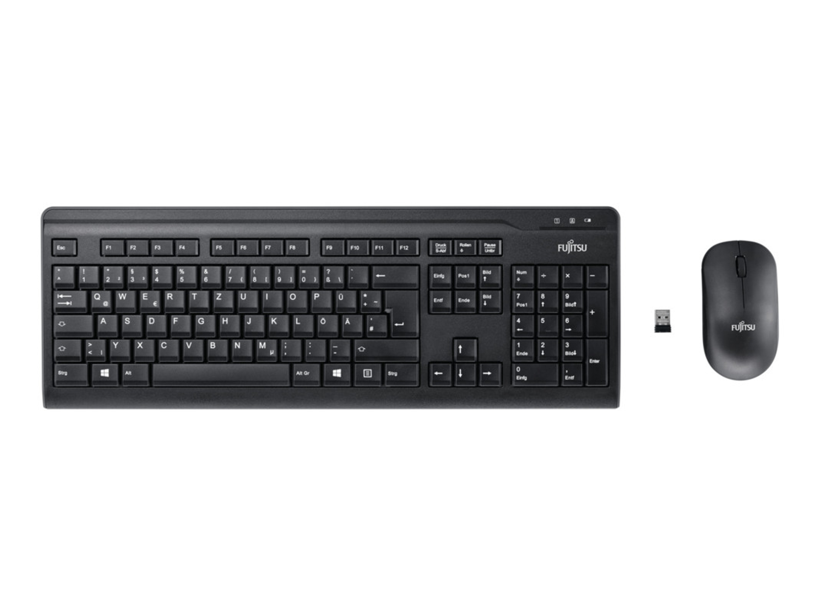 Combo tastiera e mouse wireless in bianco e nero con il logo Fujitsu.