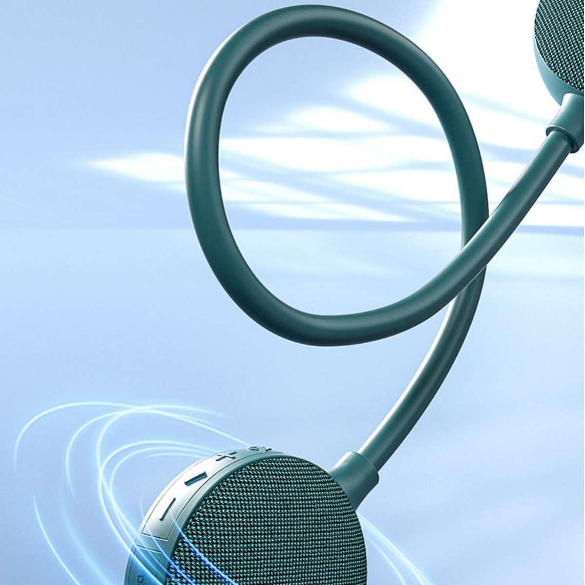 Ein türkisfarbenes, flexibles Nackenband mit integrierten Lautsprechern vor blauem Hintergrund.