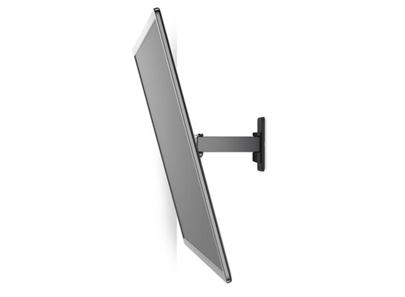 Téléviseur monté sur un mur, vue latérale. Support noir, écran gris.