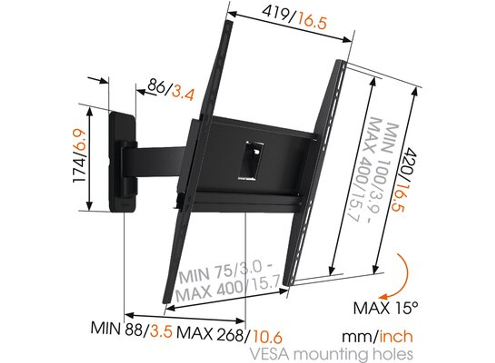 Support mural TV avec dimensions et angles. Le support est noir, les mesures sont en millimètres et en pouces.
