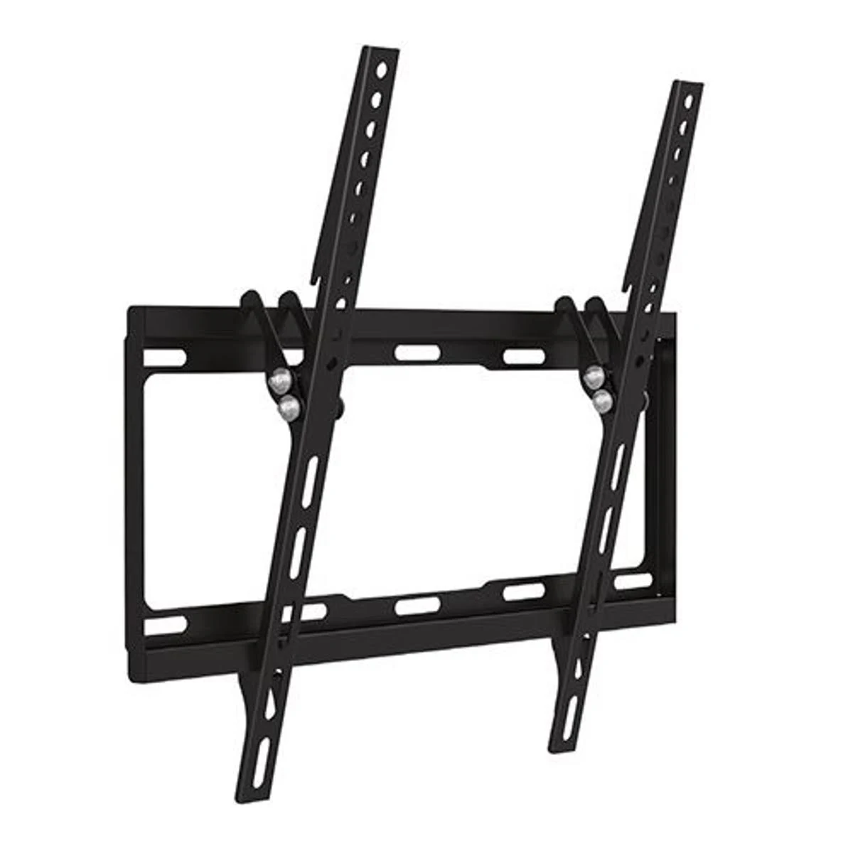 Eine schwarze TV-Wandhalterung. Sie hat zwei vertikale Schienen mit Löchern und Halterungen für den Fernseher.