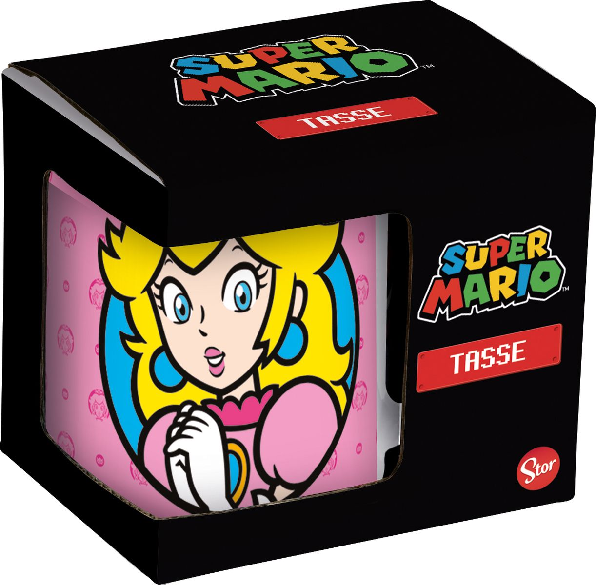 Super Mario-Tasse in einer Box. Prinzessin Peach ist auf der Tasse. Rosa Hintergrund.