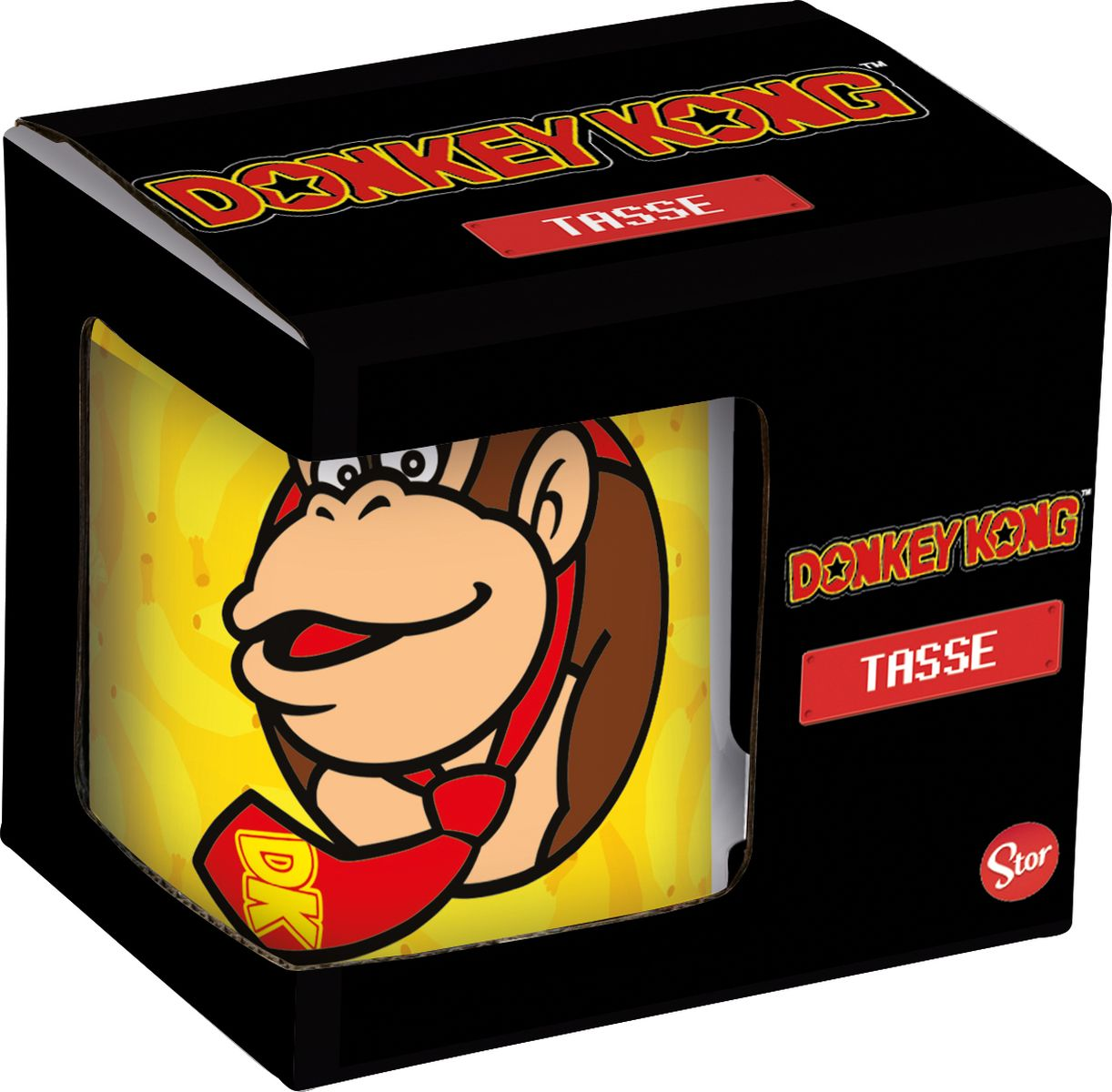 Donkey Kong-Tasse in einer schwarzen Box mit Donkey Kong-Logo und rotem Etikett.
