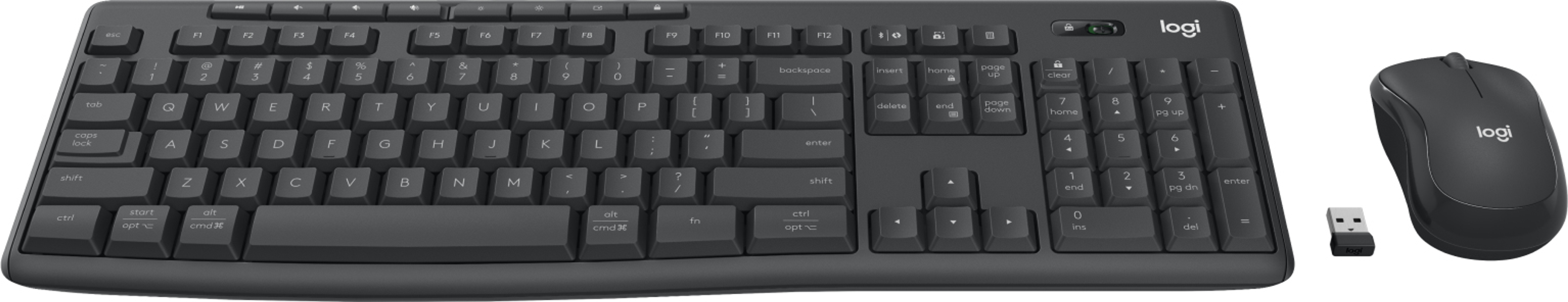 Ein dunkelgraues kabelloses Tastatur- und Maus-Set. Ein USB-Empfänger ist ebenfalls enthalten.