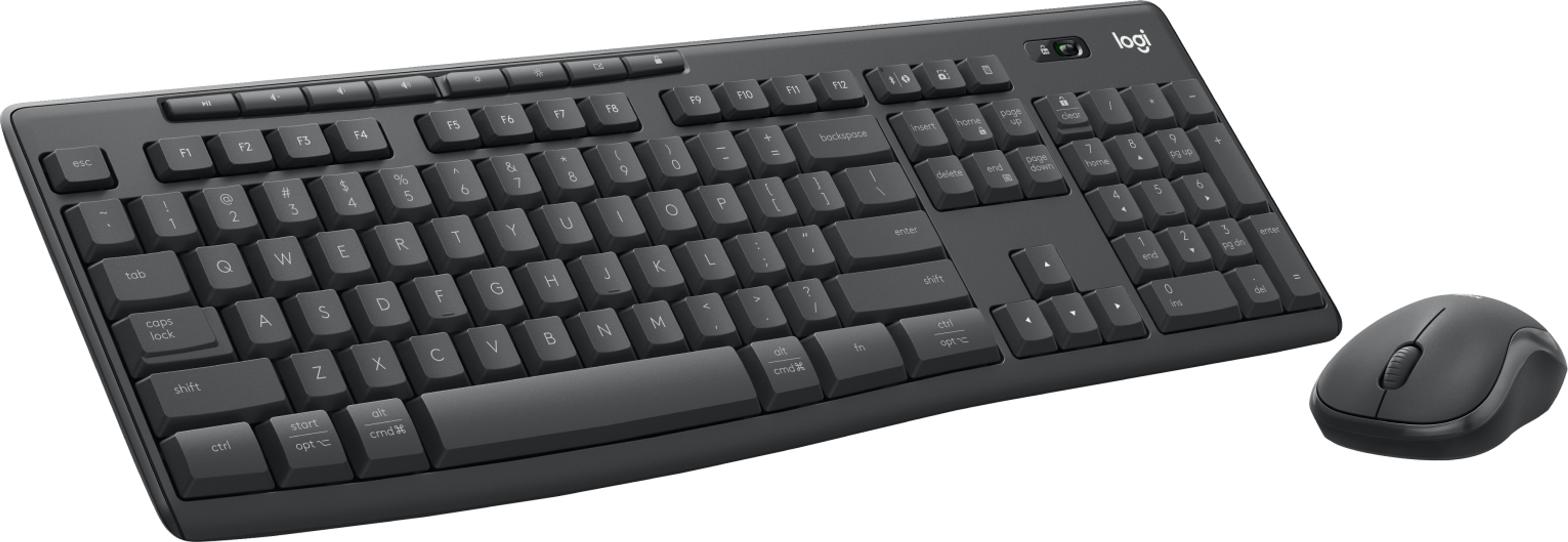 Eine dunkelgraue kabellose Tastatur und eine Maus, auf weißem Hintergrund. Die Tastatur ist detailliert.