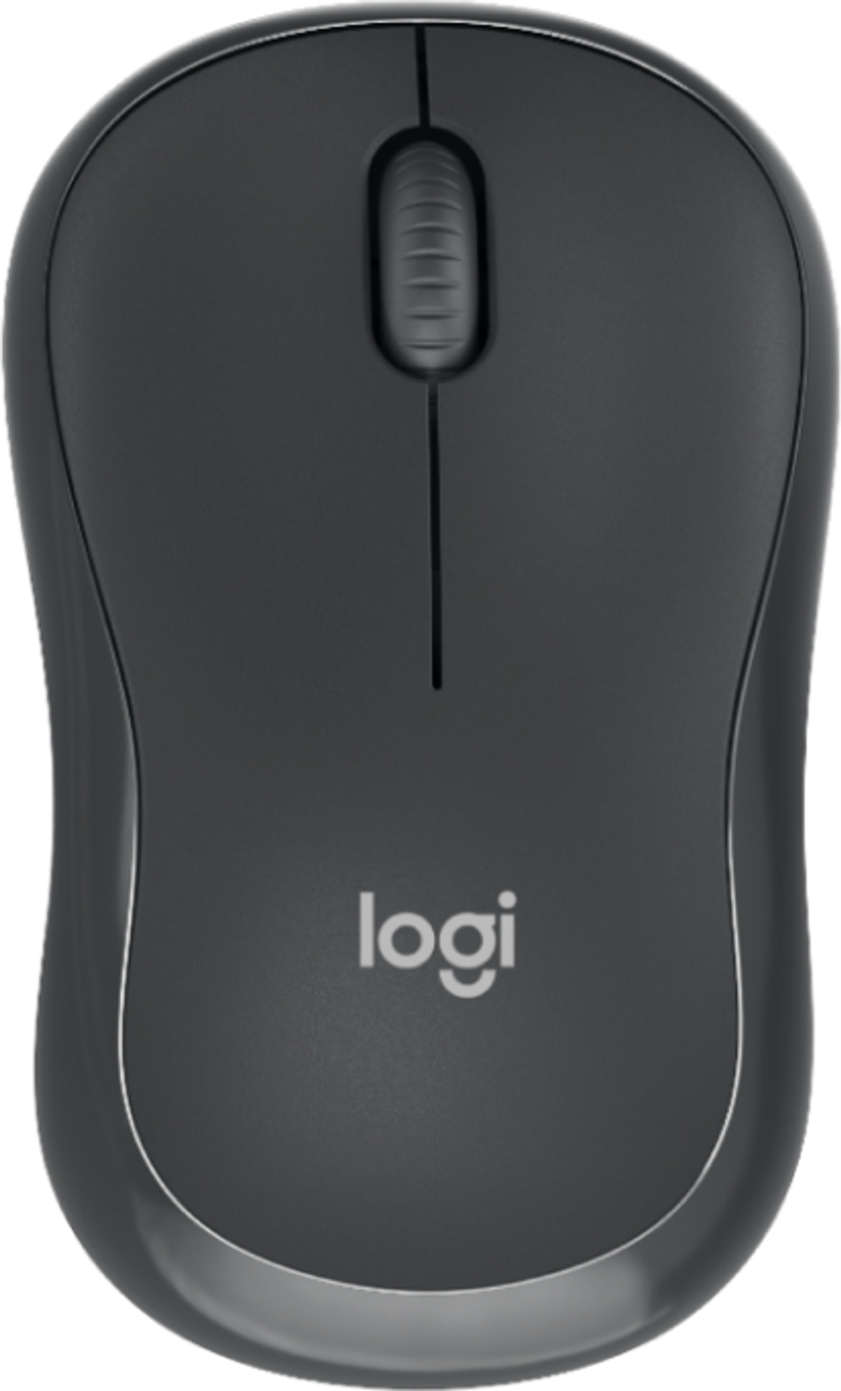 Eine schwarze, kabellose Computermaus mit einem Scrollrad und dem 'logi'-Logo.
