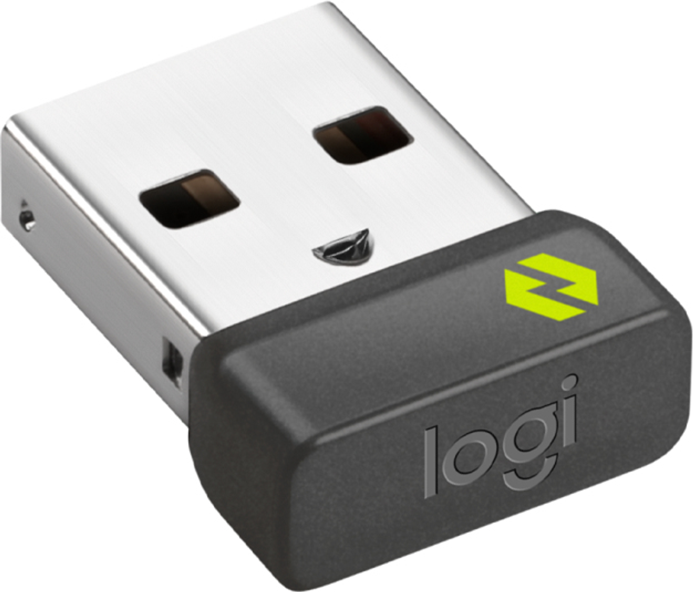 USB-Dongle, grau-metallisch mit schwarzer Kunststoffkappe und Logo.