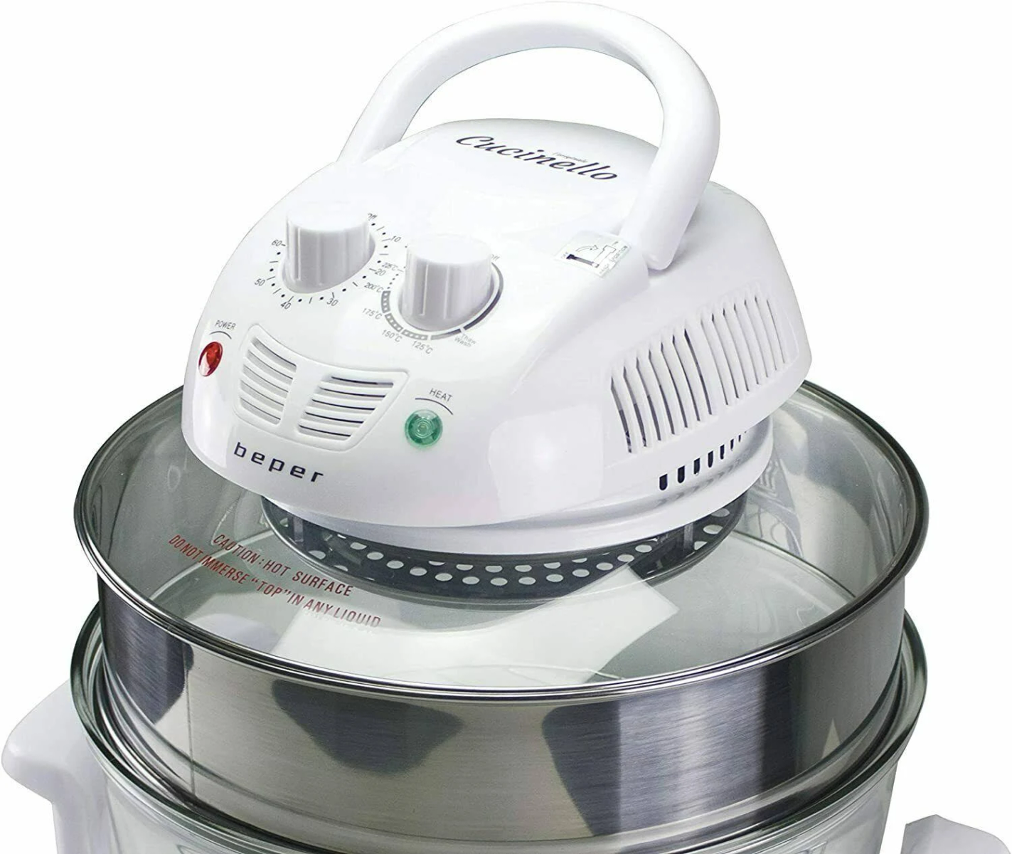 Forno elettrico bianco con manopole e coperchio in vetro, etichettato 'beper' e 'cucinello'.