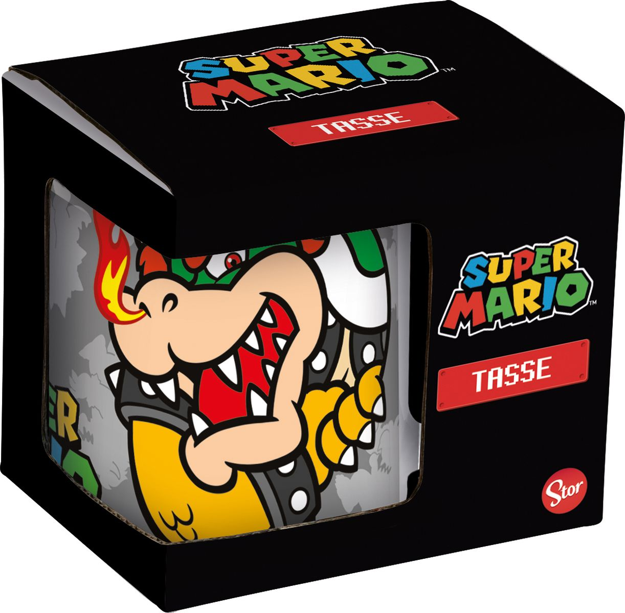 Eine Super Mario-Tasse in einer Box mit Bowsers Gesicht.