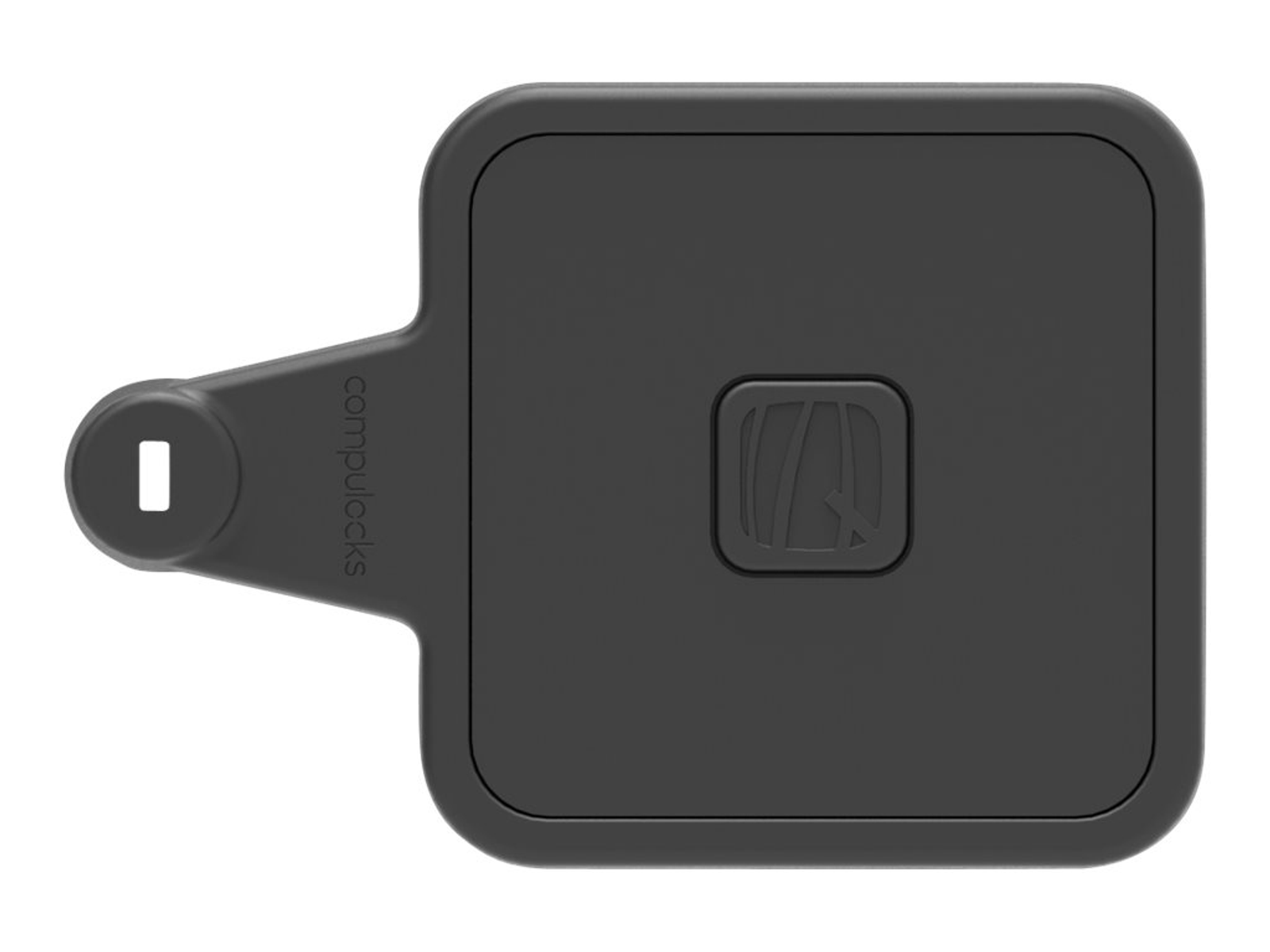 Ein schwarzes Compulocks-Sicherheitsgerät mit Markennamen und Logo auf weißem Hintergrund.