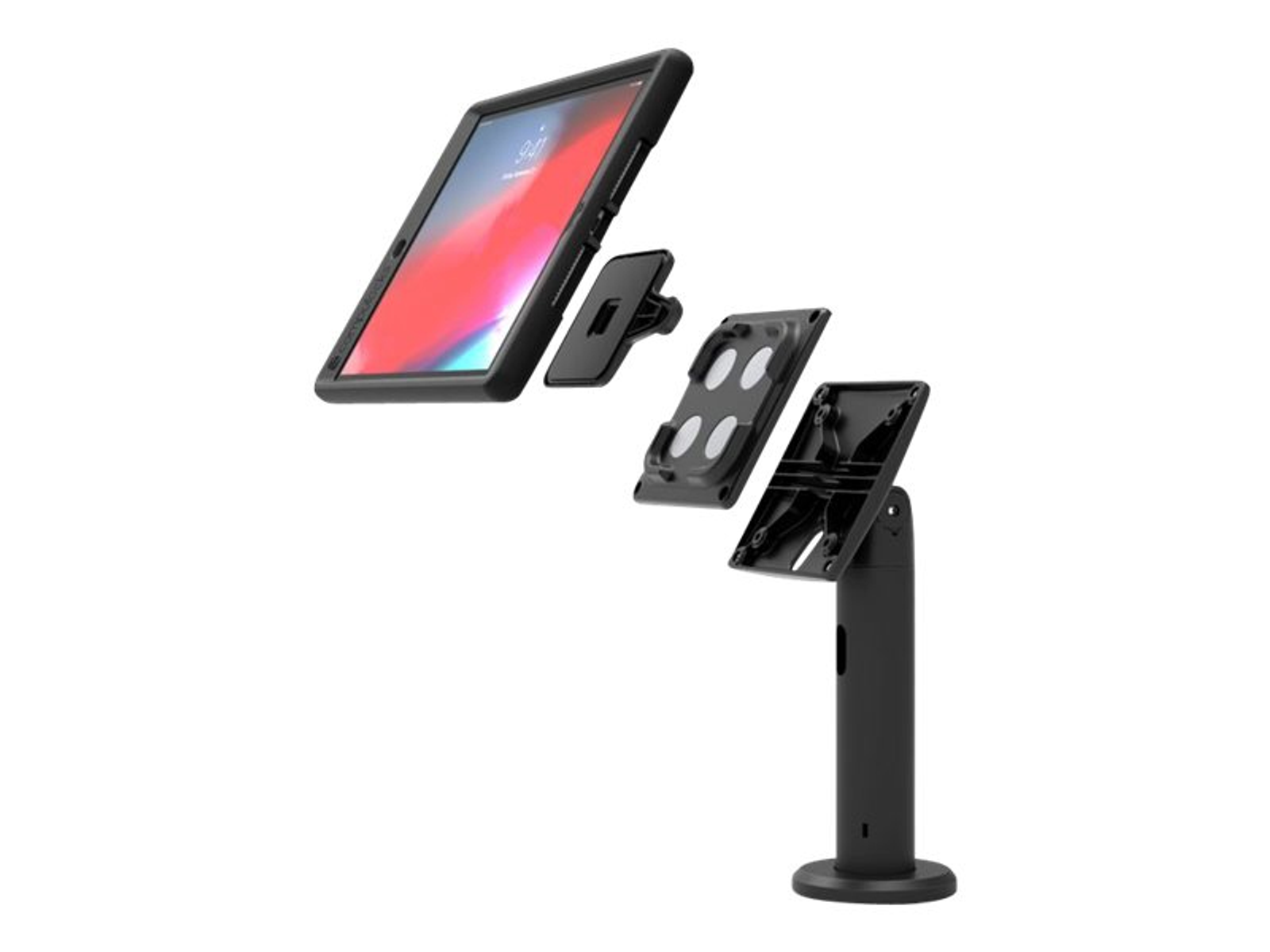 Tablet auf einem Ständer, zerlegt. Der Ständer ist schwarz und weiß, das Tablet ist schwarz. Auf weißem Hintergrund.