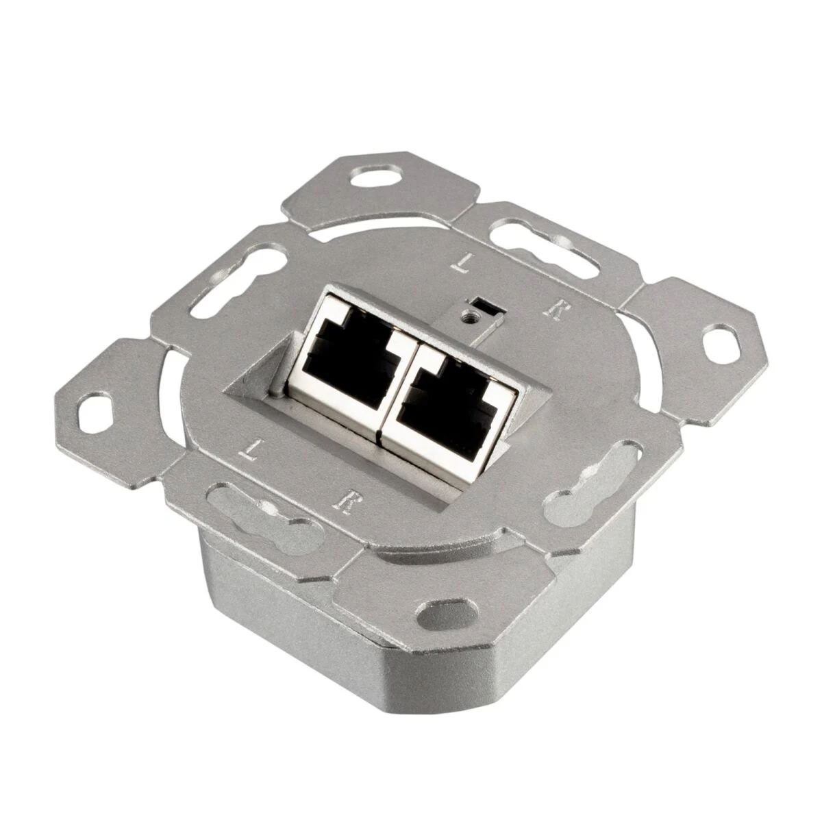 Silberne, quadratische Metall-Elektrobox mit zwei RJ45-Ports. Befestigungslöcher sind sichtbar.