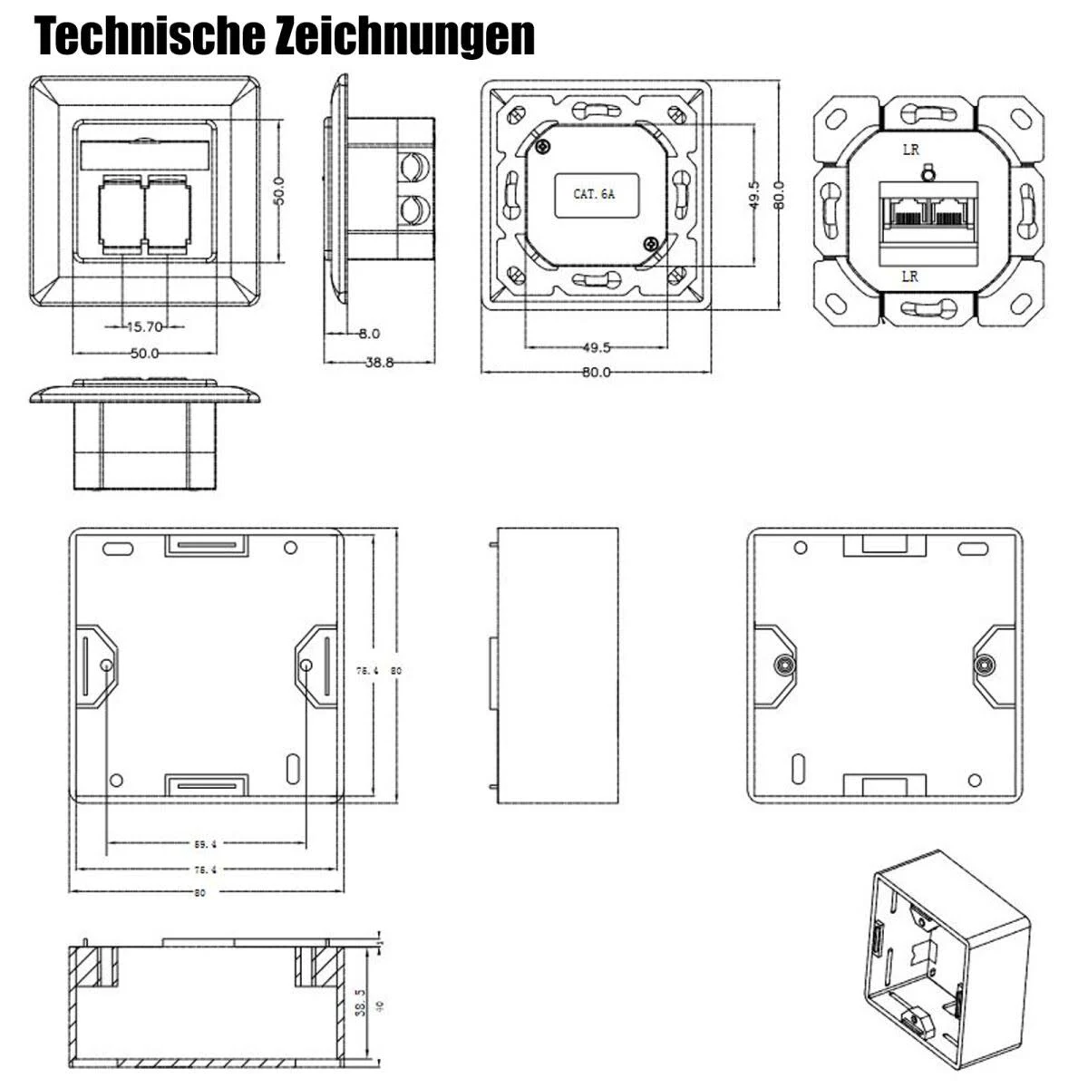 Technische Zeichnungen von elektrischen Komponenten. Detaillierte Ansichten verschiedener Anschlussmodule.