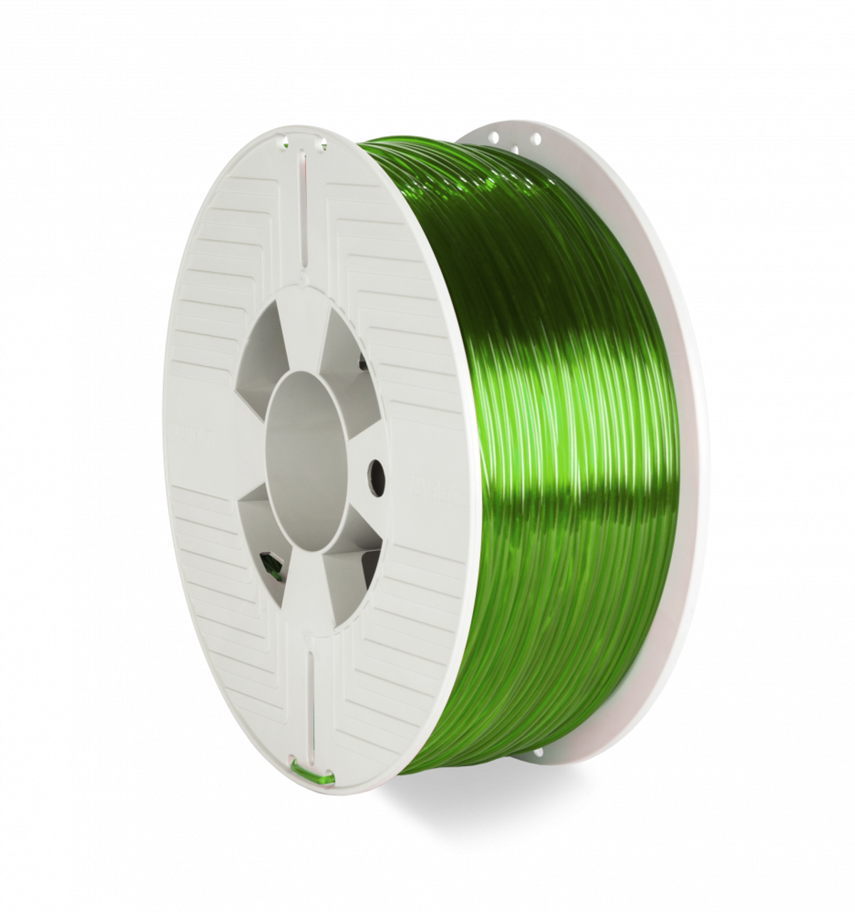 Eine grüne 3D-Drucker-Filamentrolle. Weißer Hintergrund.