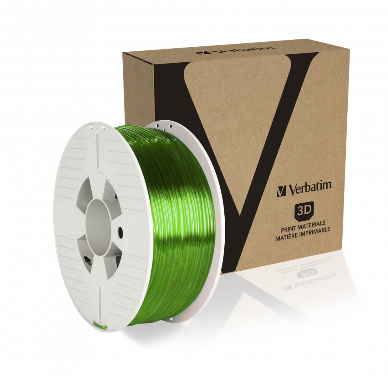 Eine Spule grünes 3D-Druckfilament neben einer braunen Verbatim-Box mit großem V-Logo.
