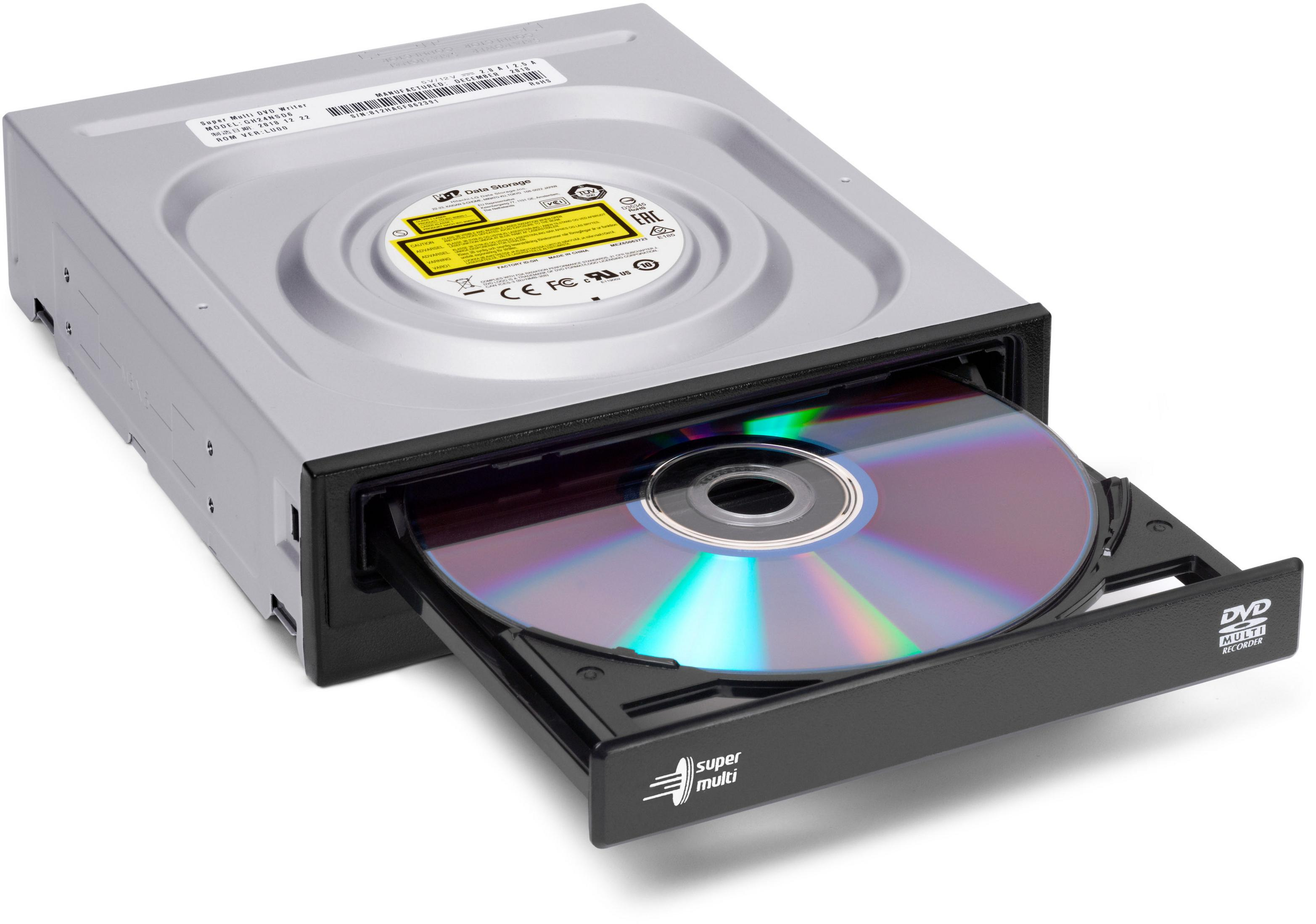 Ein DVD-Laufwerk mit einer Disc im Inneren. Das Laufwerk ist silber und schwarz, die Disc reflektierend.