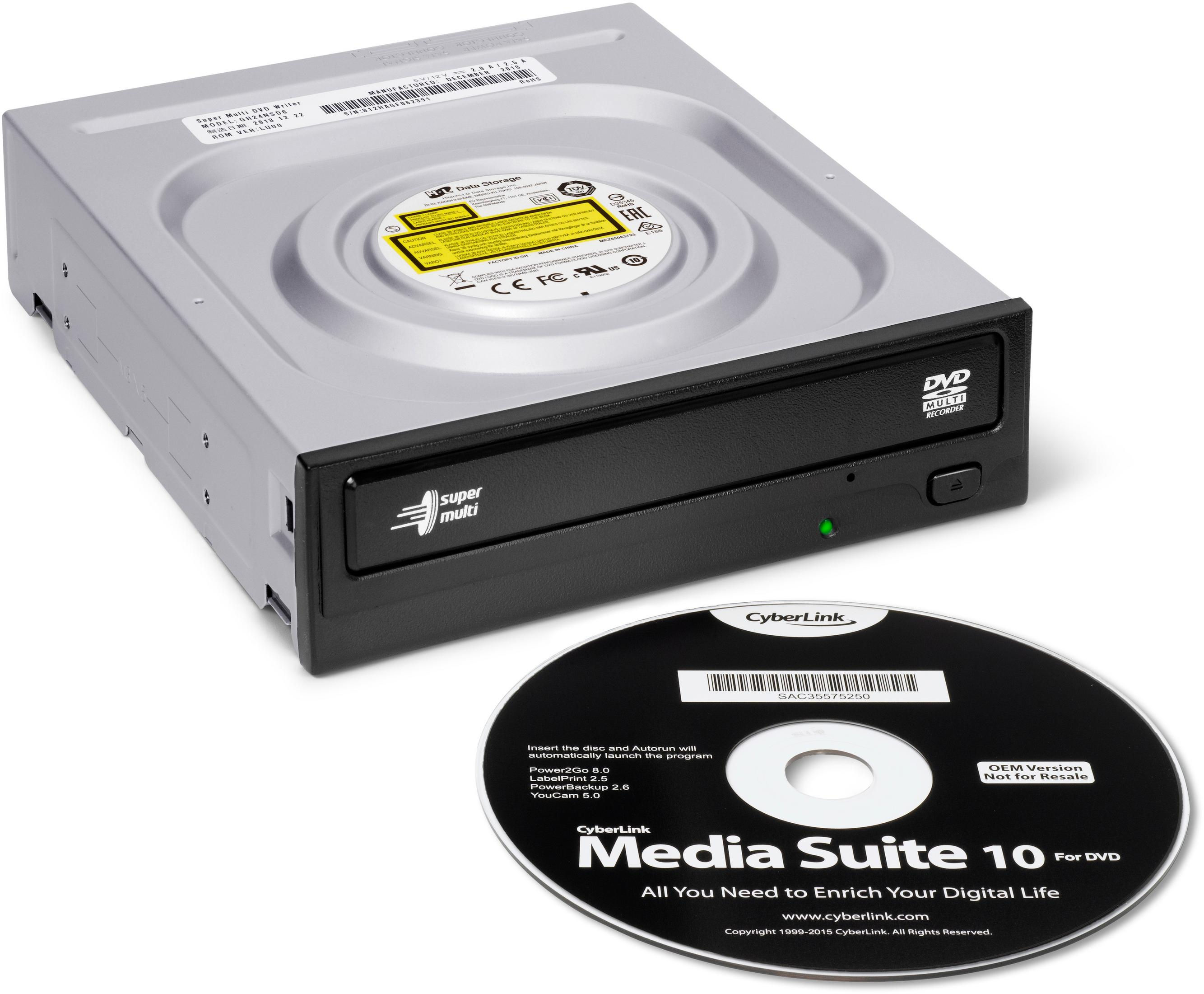 Silbernes DVD-Laufwerk mit einer Disc, beschriftet mit 'Media Suite 10'. Schwarze Front.