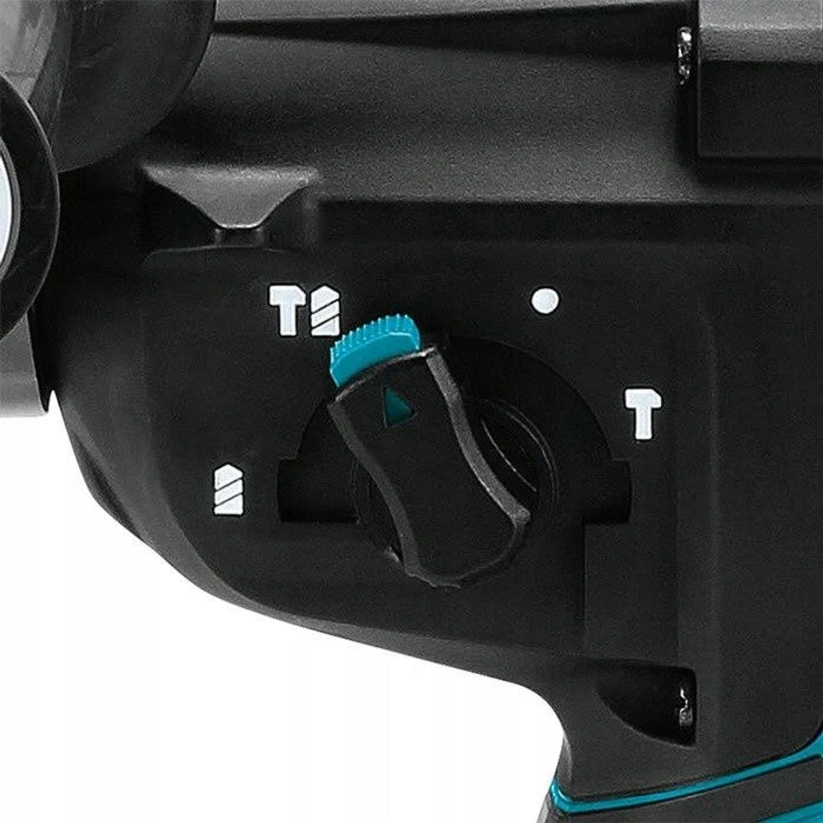 Primer plano de una herramienta rotativa negra con dial azul y marcas blancas y negras.