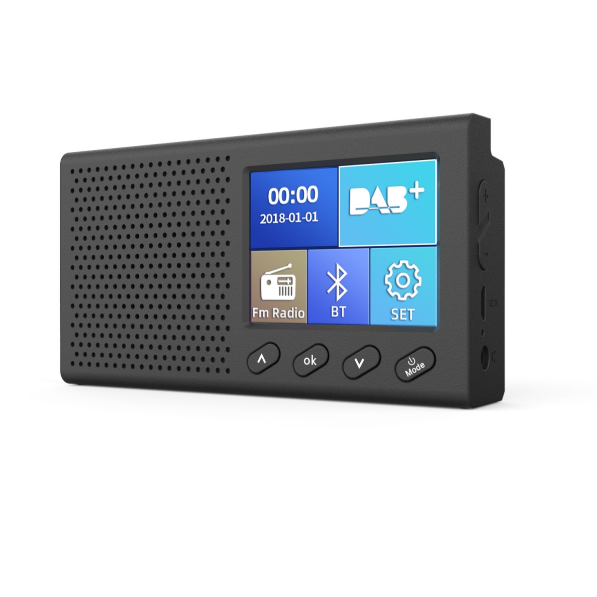 Schwarzes Digitalradio mit Bildschirm. Zeigt FM-Radio, Bluetooth und Einstellungen an.