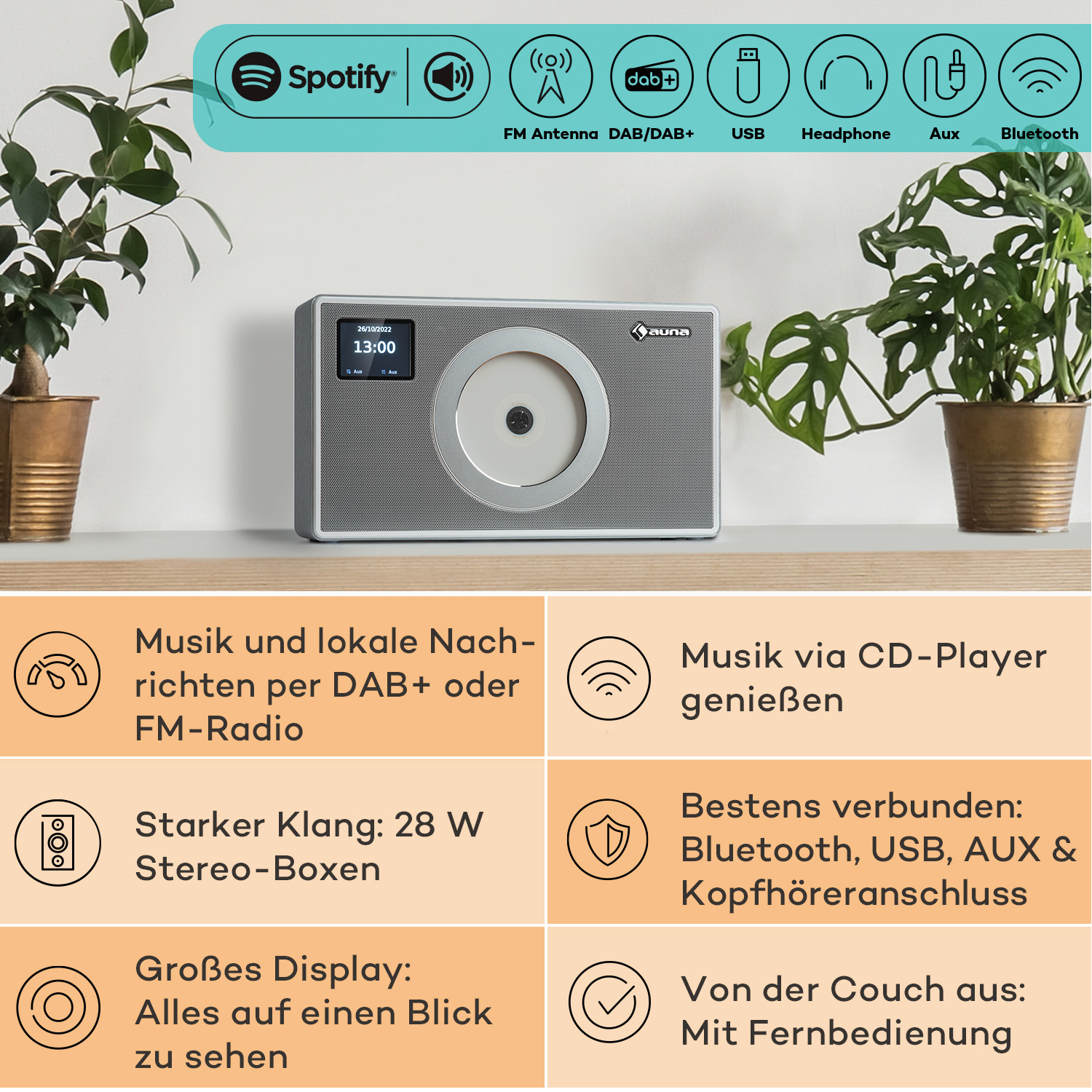 Ein Radio mit Display und Text.