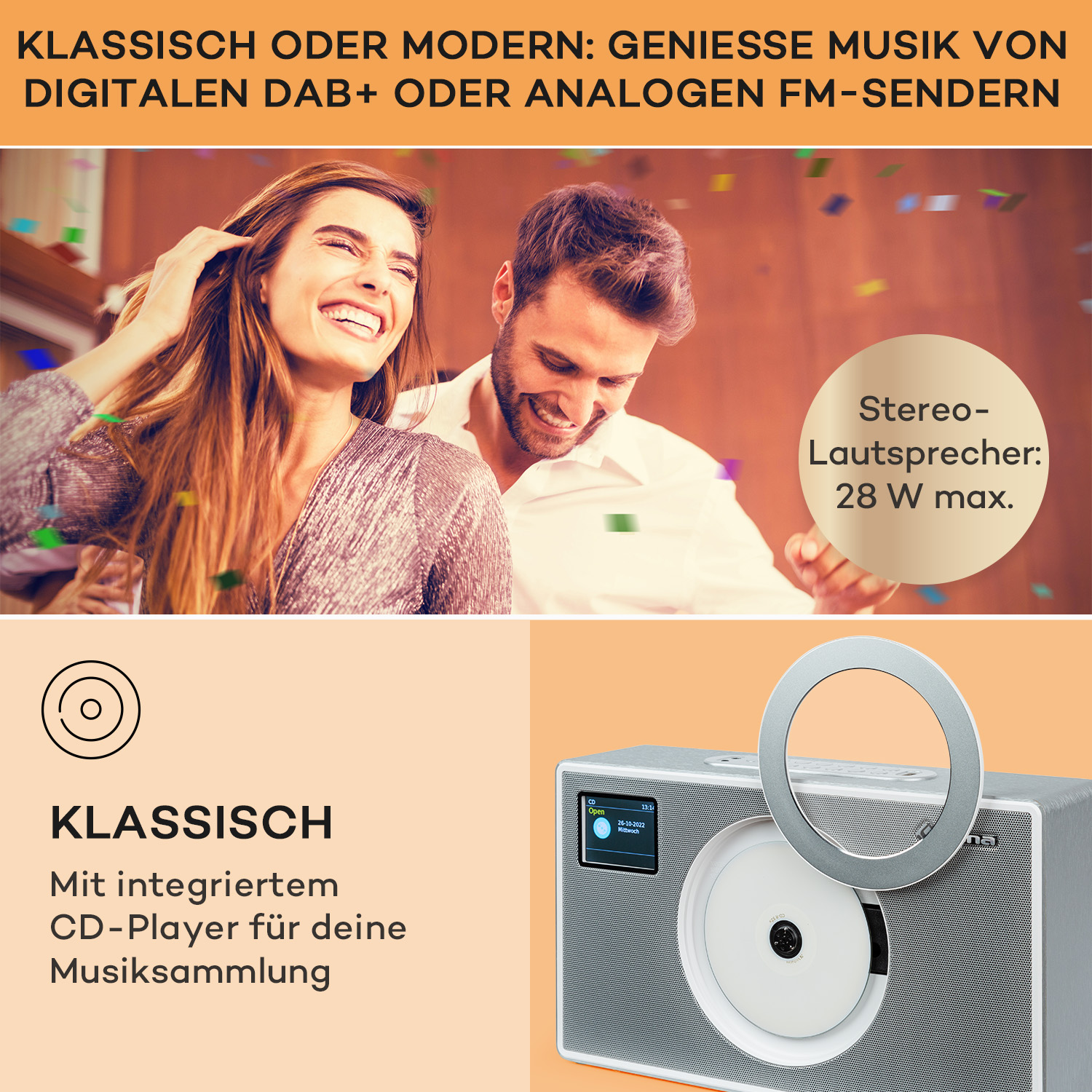 Mann und Frau lächeln, Radio mit CD-Player.