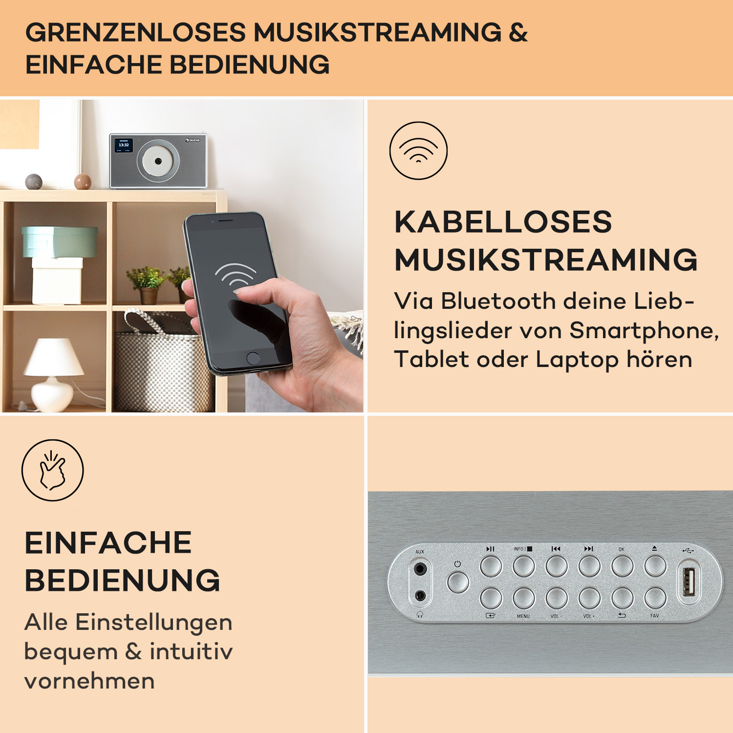 Bild mit mehreren Tafeln, die Musik-Streaming-Optionen auf einem Telefon zeigen.