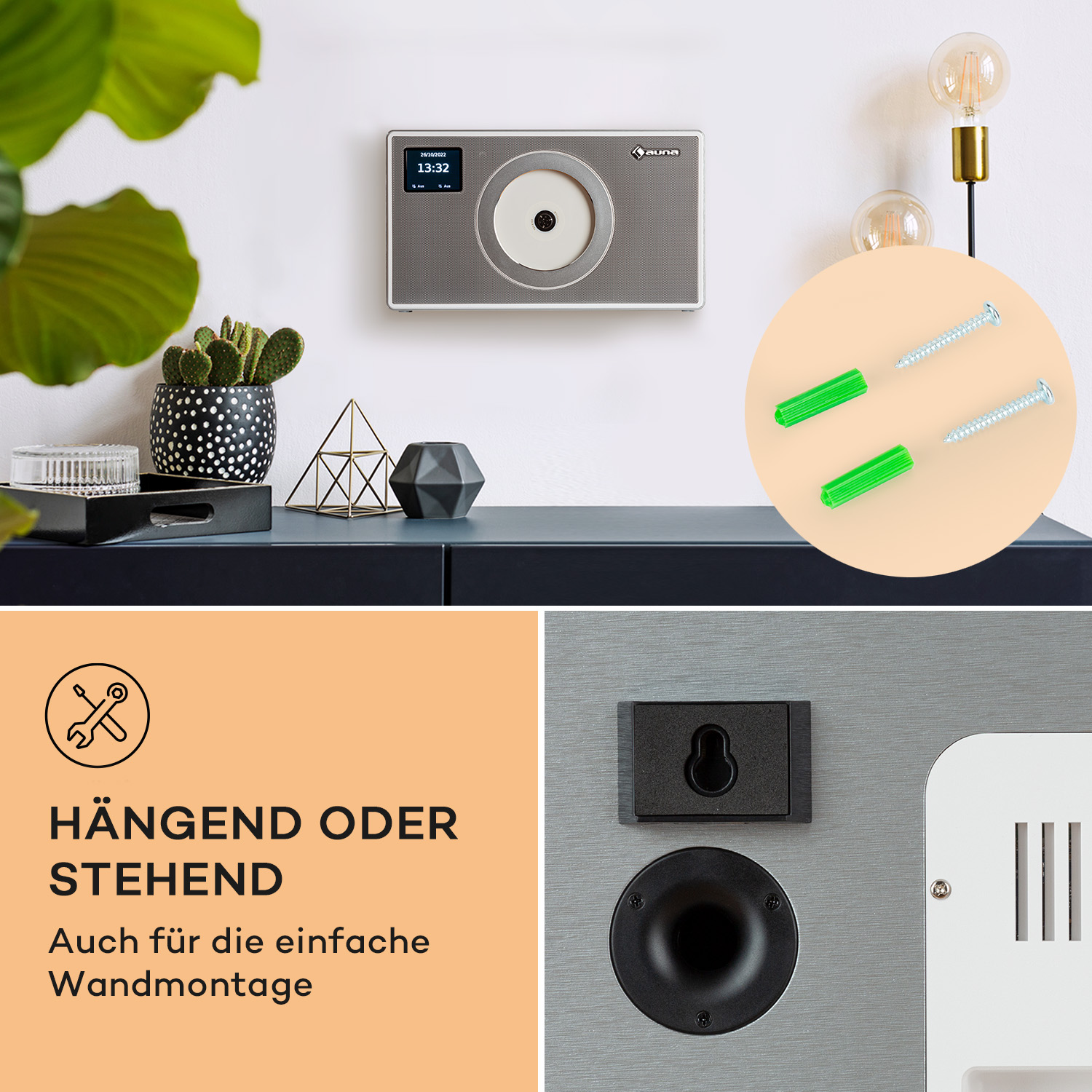 Eine Wand-Stereoanlage mit dekorativen Elementen und Befestigungsmaterial.