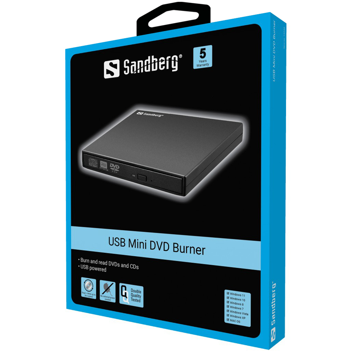 Caja negra de grabadora de DVD USB Mini con texto y logotipo, sobre una superficie azul. Alimentado por USB, lee y graba CDs y DVDs.