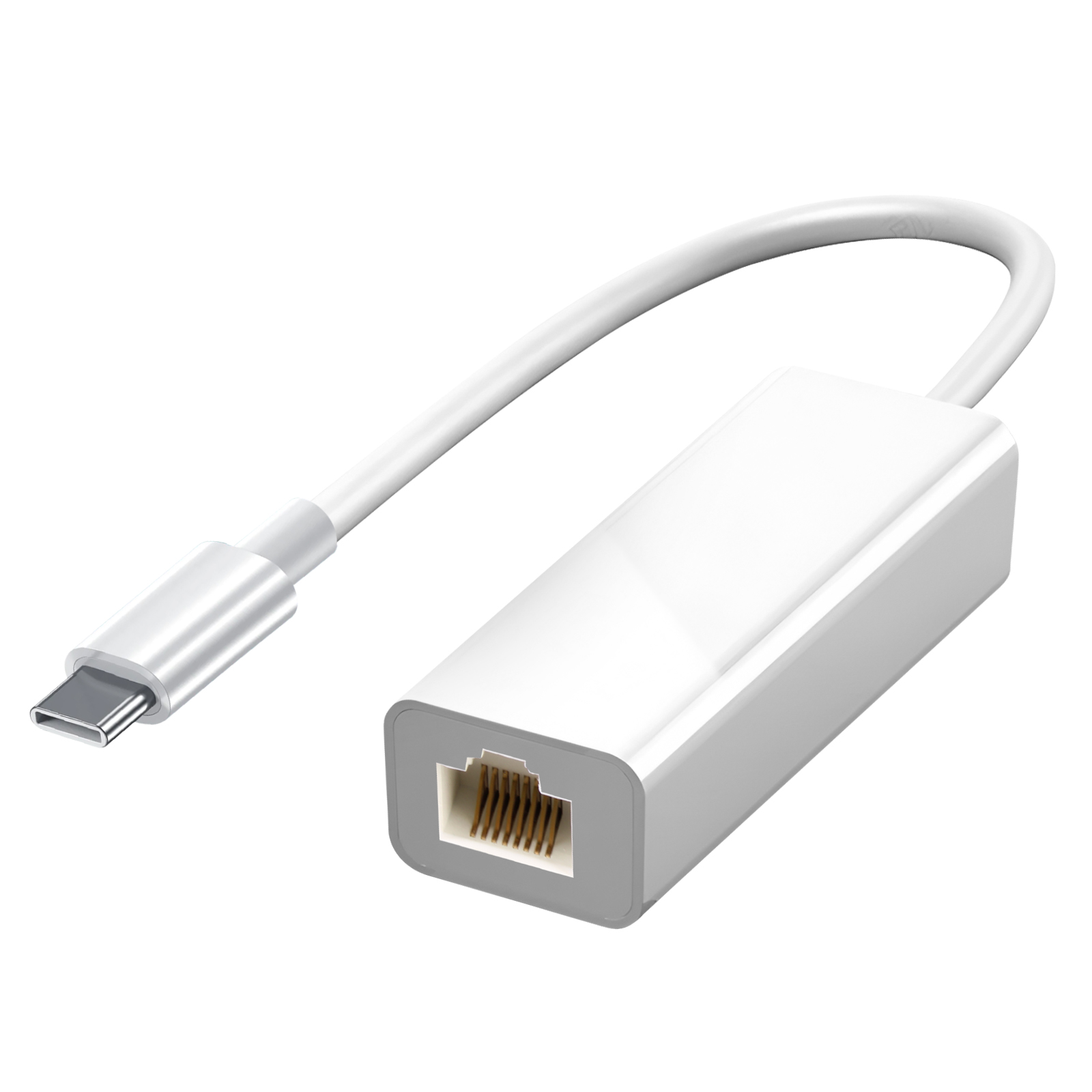 Adattatore da USB-C a Ethernet bianco con cavo bianco e porta Ethernet rettangolare.