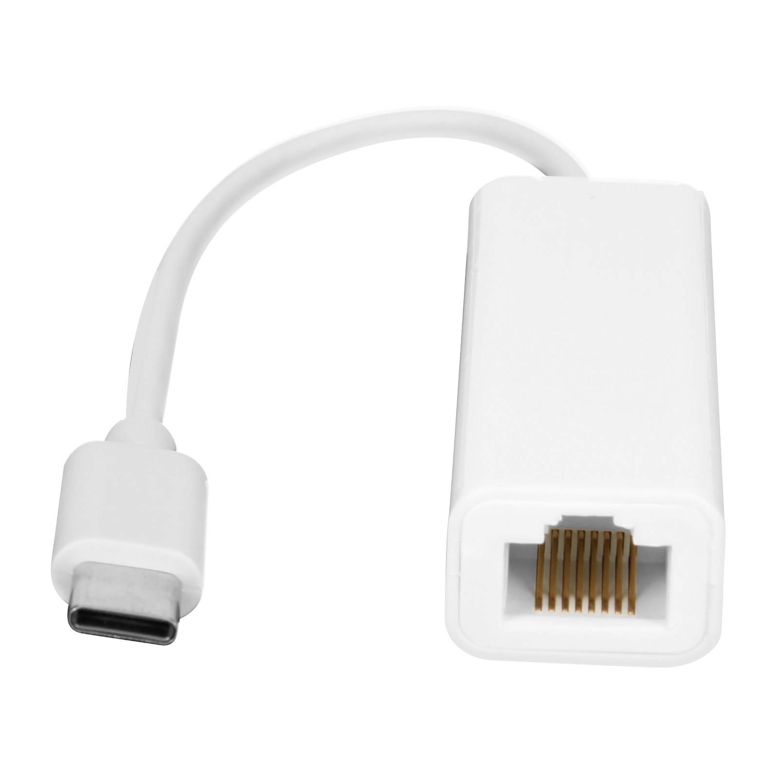Adattatore USB-C a Ethernet bianco con cavo bianco e sfondo bianco, in studio.