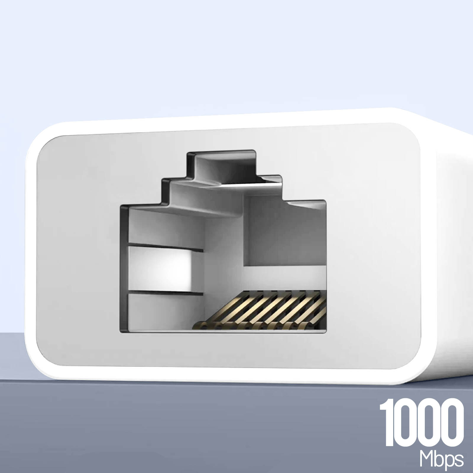 Connettore porta Ethernet bianco con pin dorati, etichettato '1000 Mbps'.