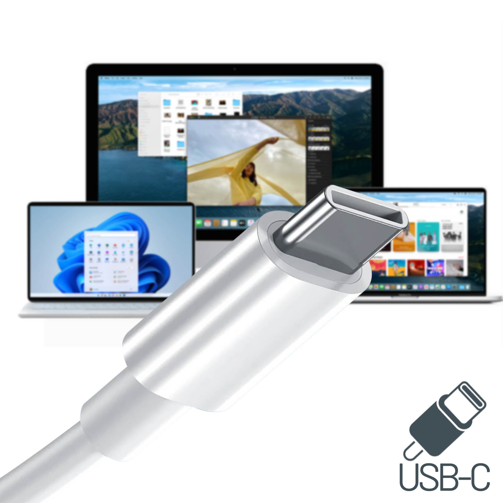 Un cavo USB-C con tre laptop sullo sfondo, ognuno mostra interfacce diverse.