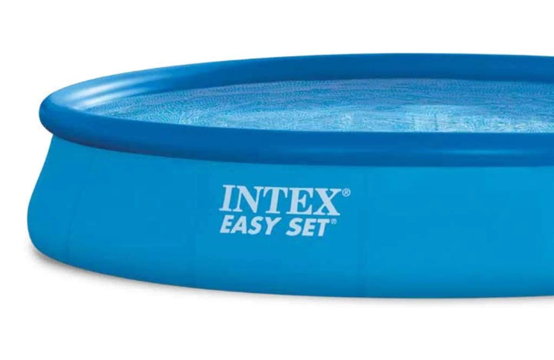 Blauer Intex Easy Set Pool, mit Wasser gefüllt. Text 'INTEX EASY SET' ist sichtbar.