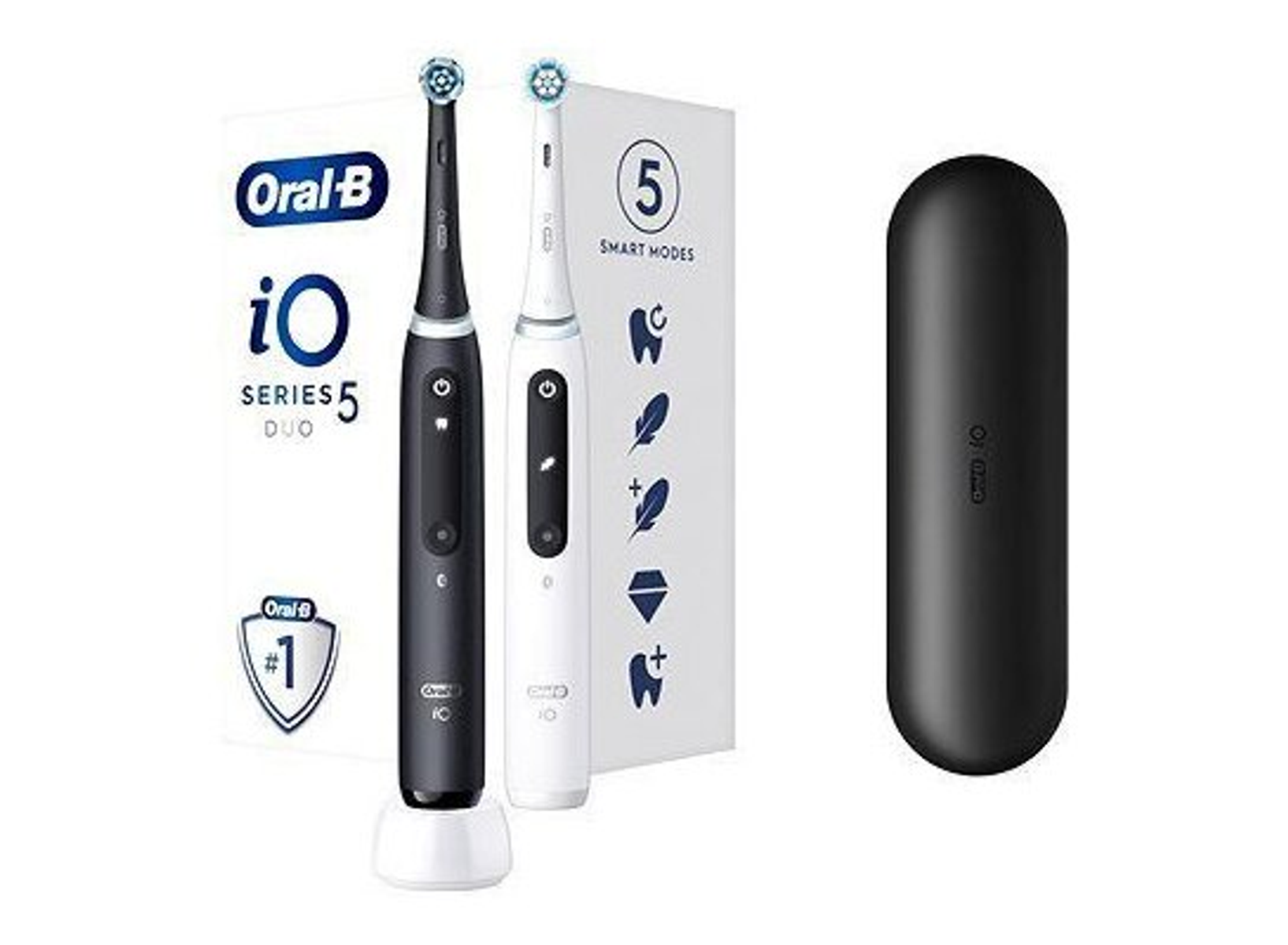 Zestaw szczoteczki elektrycznej Oral-B iO Series 5, czarny i biały, z ładowarką.