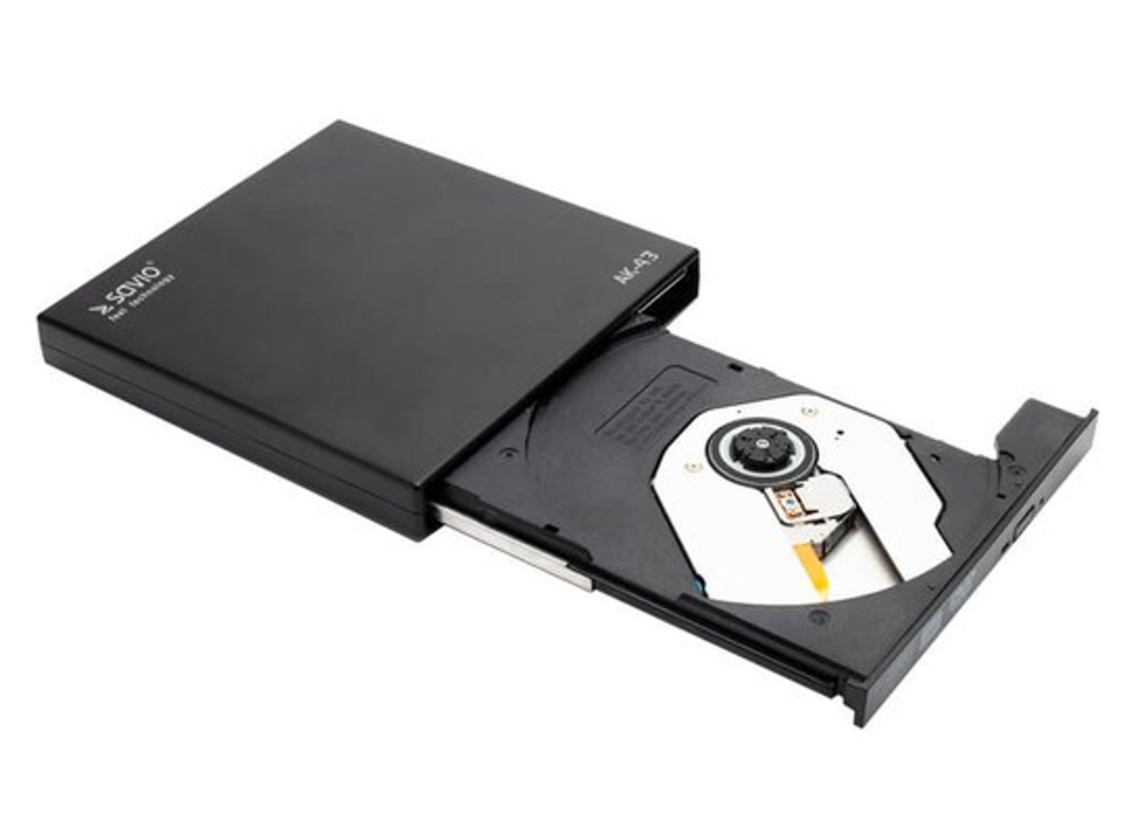 Een zwarte externe cd/dvd-drive met de schijflade open, op een wit oppervlak. Het merk is Savio.