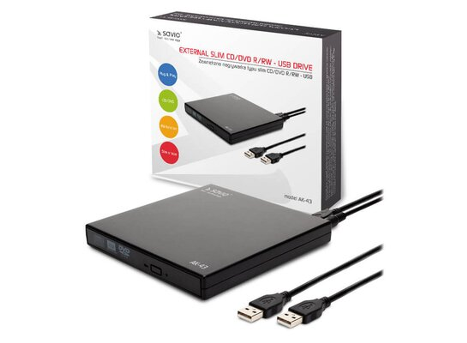 Een zwarte externe slanke cd/dvd-drive met een doos met de drive en USB-kabels.