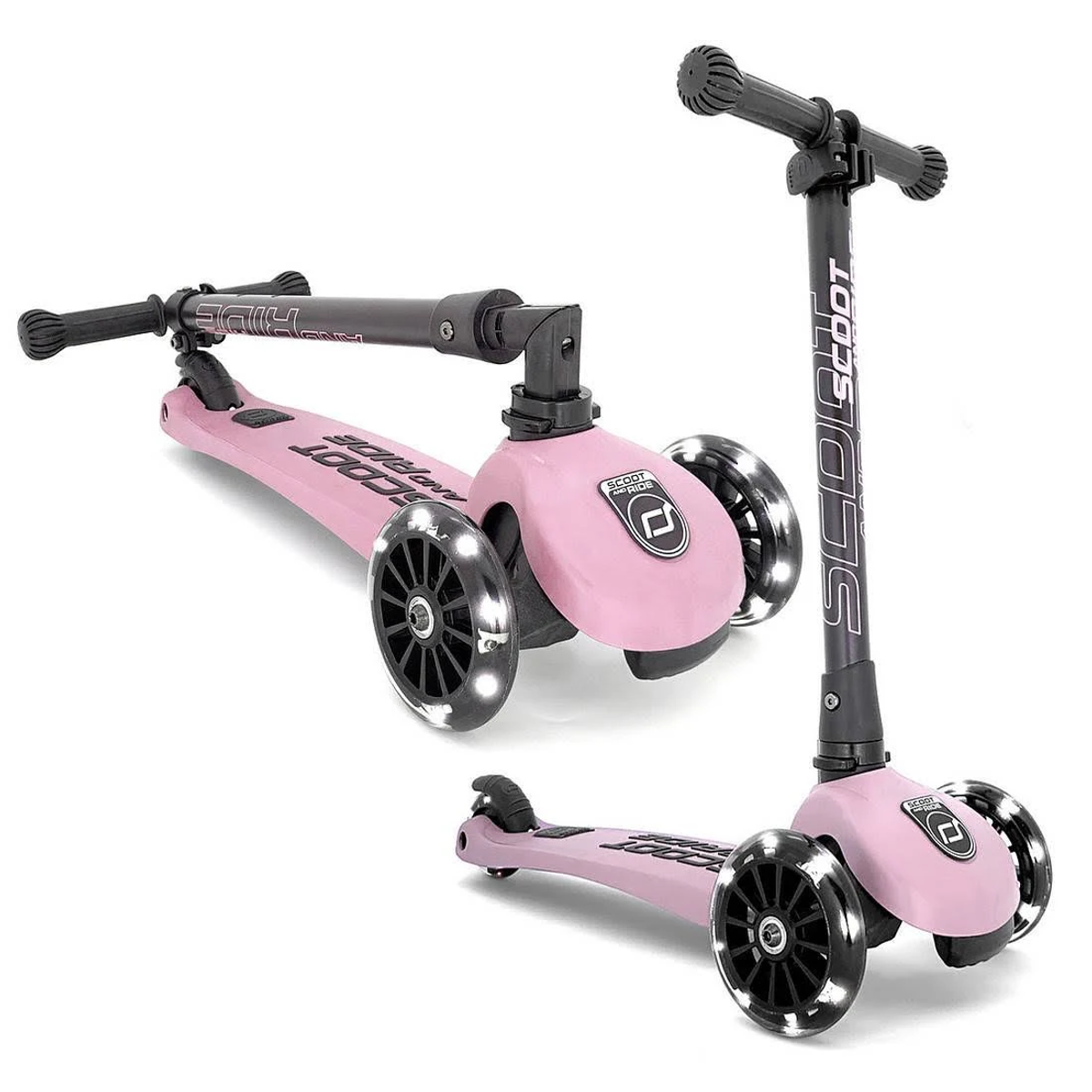 Zwei rosa Roller, einer zusammengeklappt, mit schwarzen Rädern und Lichtern.