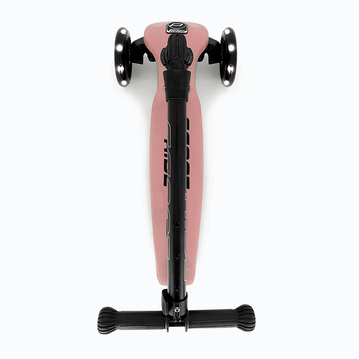 Rosa Roller von oben, schwarzer Griff, schwarze Räder mit Lichtern.