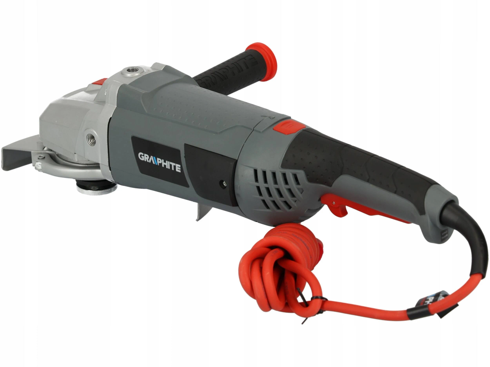 Ein grauer und schwarzer GRAPHITE Winkelschleifer mit rotem Netzkabel.