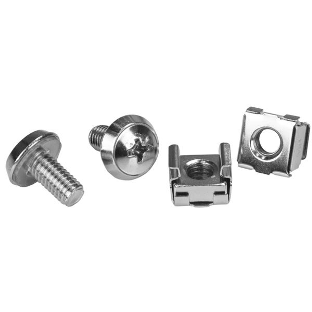 Nahaufnahme von Schrauben und Käfigmuttern. Zwei Schrauben, zwei Käfigmuttern. Glänzendes Metall.