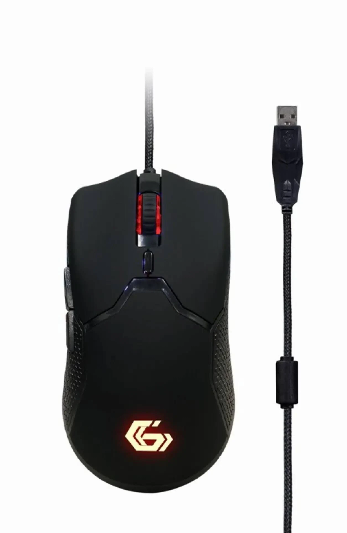 Schwarze Gaming-Maus mit roten Akzenten, USB-Kabel, auf weißem Hintergrund.