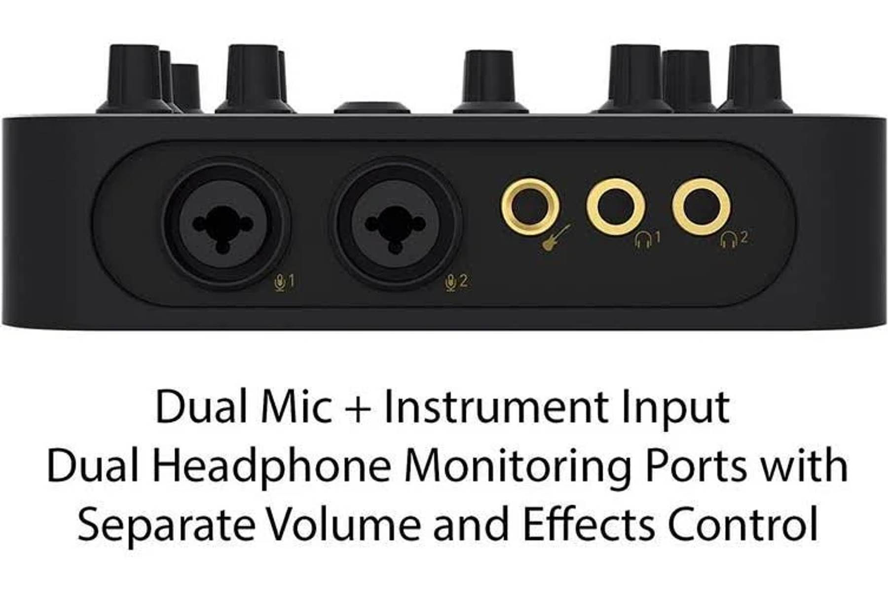 Interfaccia audio nera con manopole, ingressi e uscite etichettate, testo sottostante indica le funzionalità.