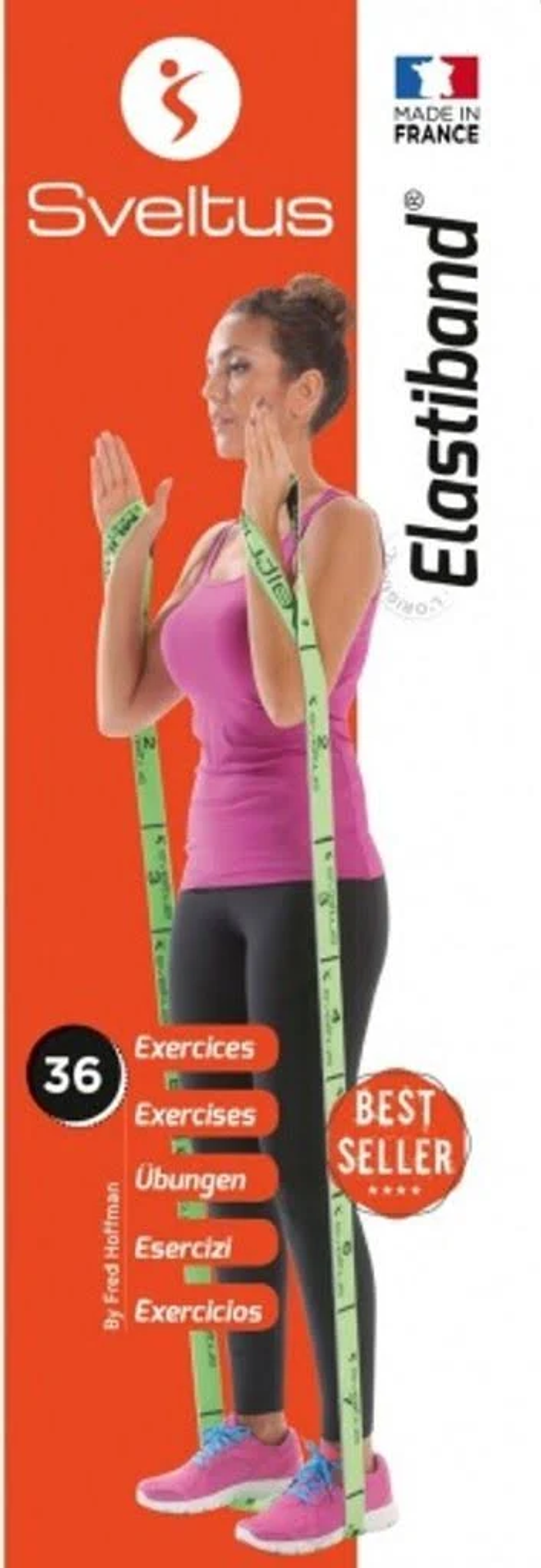 Frau mit Widerstandsband. Produktverpackung mit 36 Übungen.