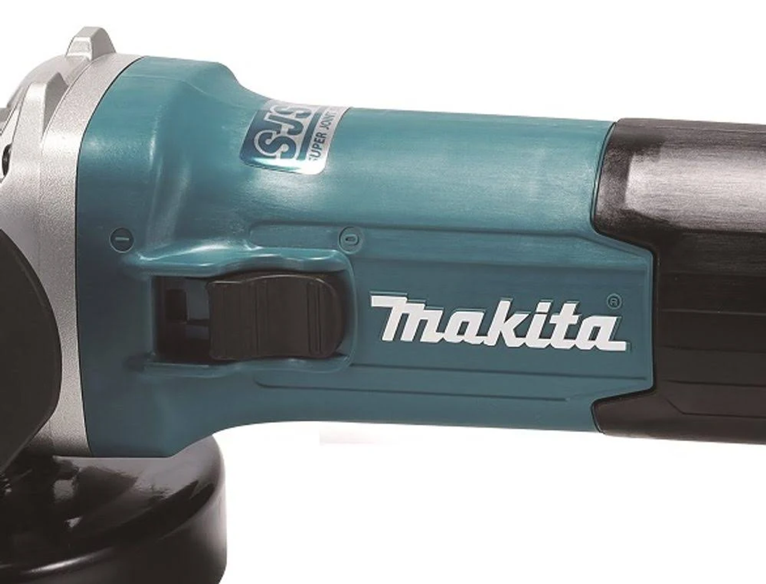 Nahaufnahme eines tealfarbenen Makita Winkelschleifers mit dem Makita-Logo.